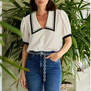 NWT FRAME XL The Polka Dot Sailor Silk Blouse White Black Trim Puff Sleeve Top
